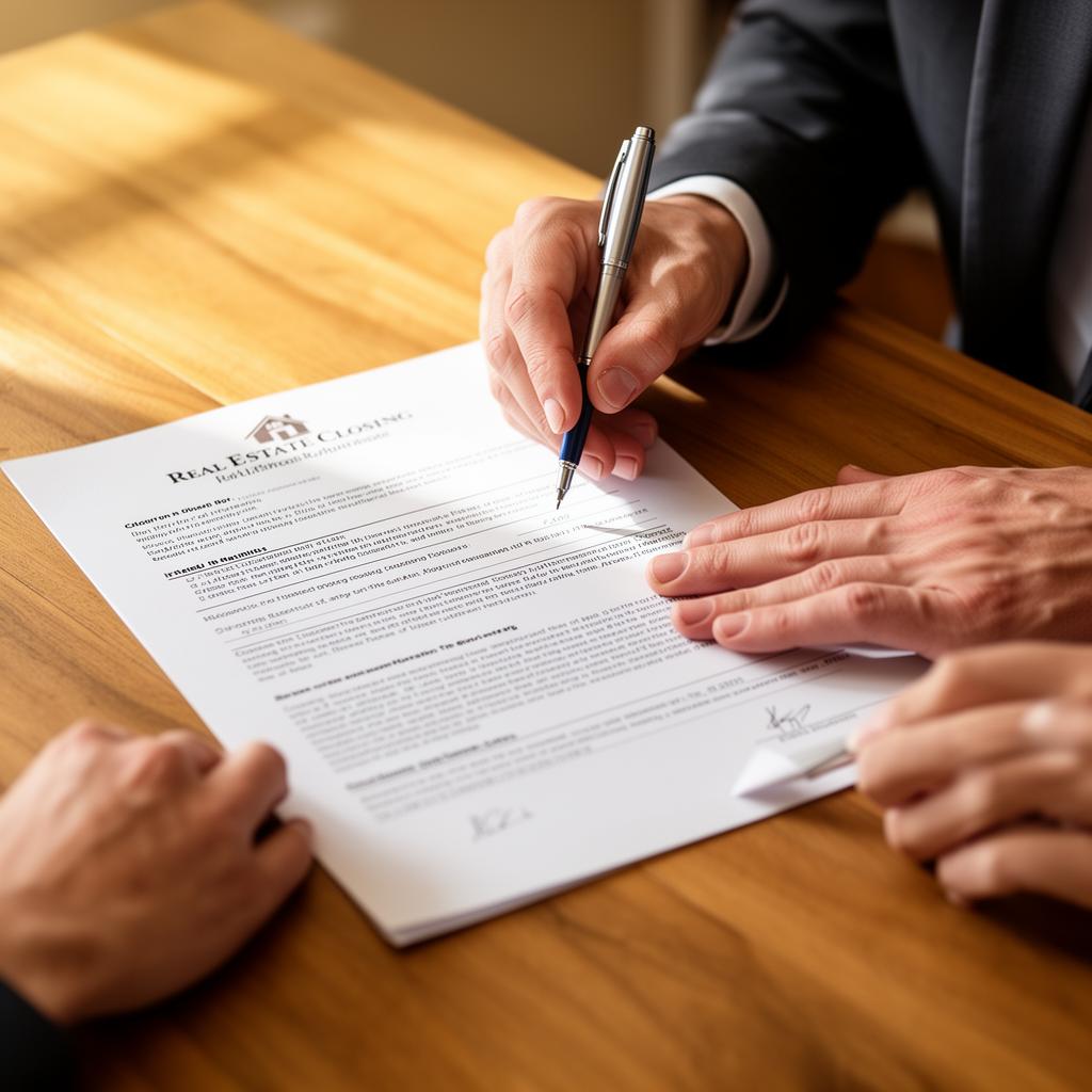 Signing real estate closing documents at a desk
